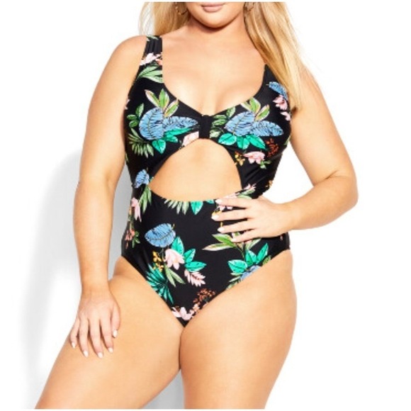 City Chic Floral Cut Out One Piece Swimsuit Tropical Print Plus Size 22 3X NWT